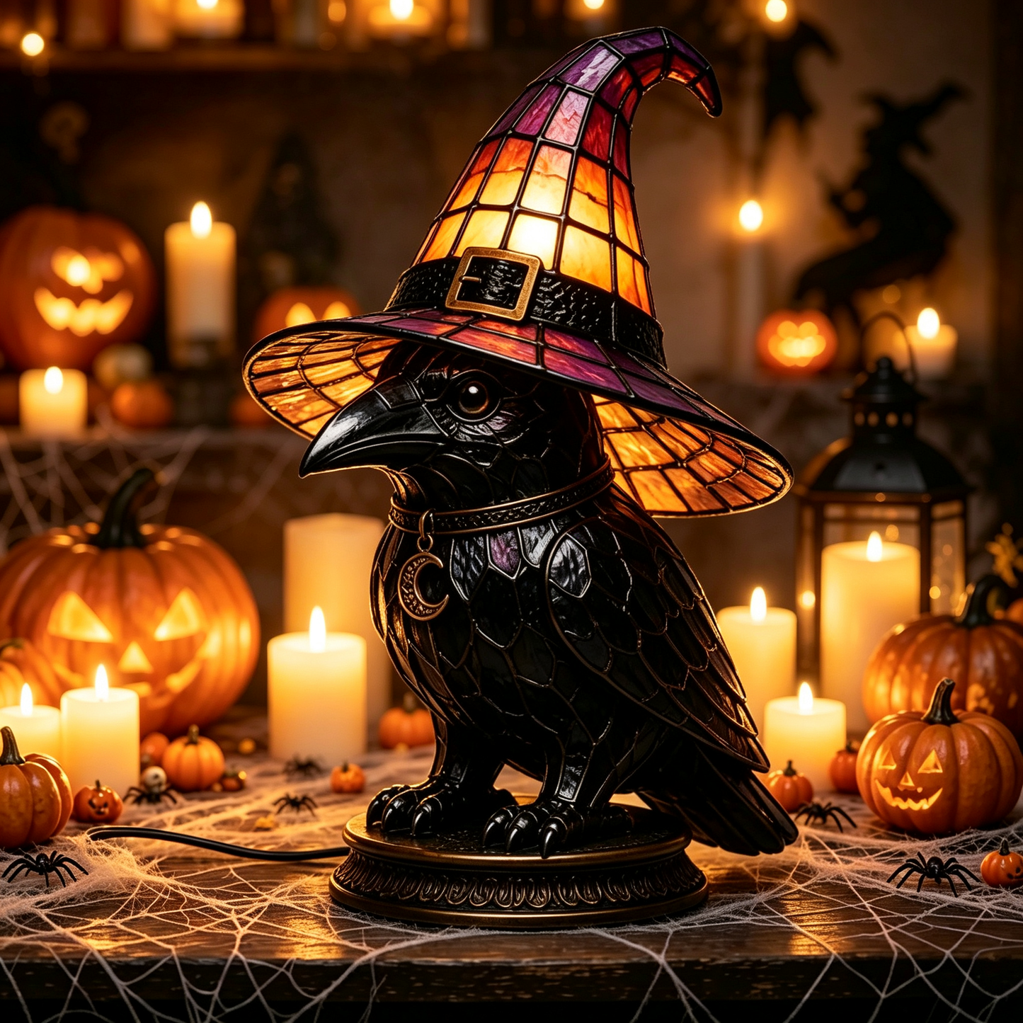 🔥Exclusive Limited Item 👍🔥49%OFF🐈 Gothic Stained Glass Witch Black Cat Table Lamp | Halloween Witch Hat Night Light Decor