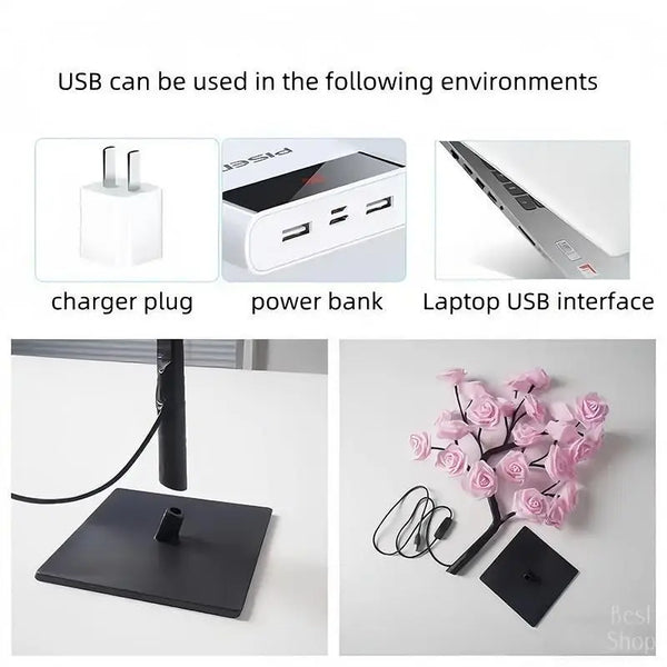 LED Rose Flower Tree Lamp - USB/Battery Powered Tabletop Decor Gift