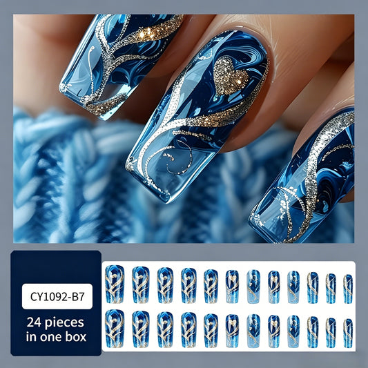 Blue Ombre Nail Tips 24 Pcs, Nail Art Accessories, Nail Decoration Supplies, Long Ballet Nails, Silver Color Heart & Gold Line Design, Reusable Salon Quality, Party Daily Use