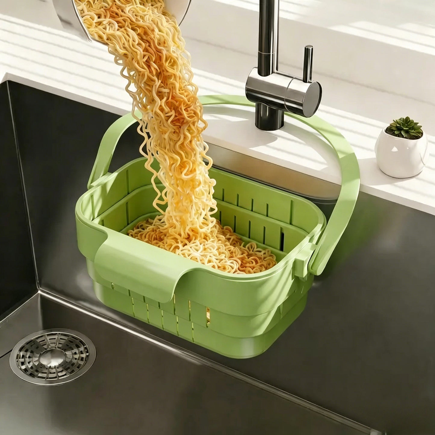 AA Foldable Hanging Kitchen Sink Drain Basket, Stainless Steel Kitchen Accessories - Hands-Free Hygienic Design, High-Efficiency Anti-Clog System, Tool-Free Installation, Slim Space-Saving, Easy-Clean, Low-Maintenance Strainer Kitchenware