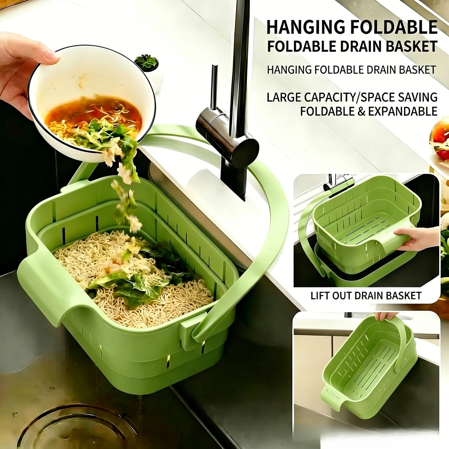 AA Foldable Hanging Kitchen Sink Drain Basket, Stainless Steel Kitchen Accessories - Hands-Free Hygienic Design, High-Efficiency Anti-Clog System, Tool-Free Installation, Slim Space-Saving, Easy-Clean, Low-Maintenance Strainer Kitchenware