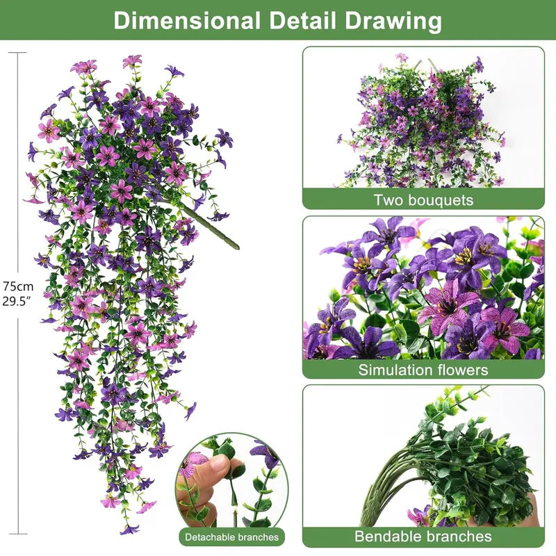 Long hanging with 132 eyes (deep purple + red lotus)Artificial Hanging Purple Dendrobium Orchid, Faux Trailing Plant with Vivid & Durable Hues, Spring/Summer Decor for Indoor & Outdoor Use — Great for Garden, Window Sill. SummerVibes