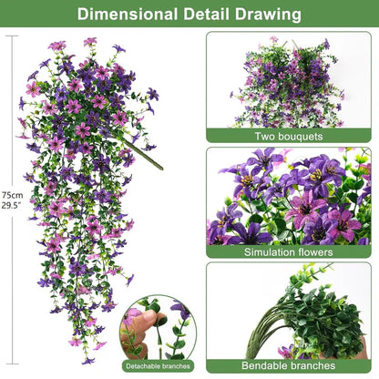 Long hanging with 132 eyes (deep purple + red lotus)Artificial Hanging Purple Dendrobium Orchid, Faux Trailing Plant with Vivid & Durable Hues, Spring/Summer Decor for Indoor & Outdoor Use — Great for Garden, Window Sill. SummerVibes