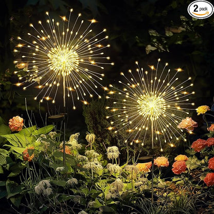 Garden Decor Outdoor Lights LED 2Pack, Solar Garden Lights Outside Fairy Firework Decorative,Solar Powered for Yard Pathway Flowerbed Planter Balcony Patio 4th of July Decor (Warm White