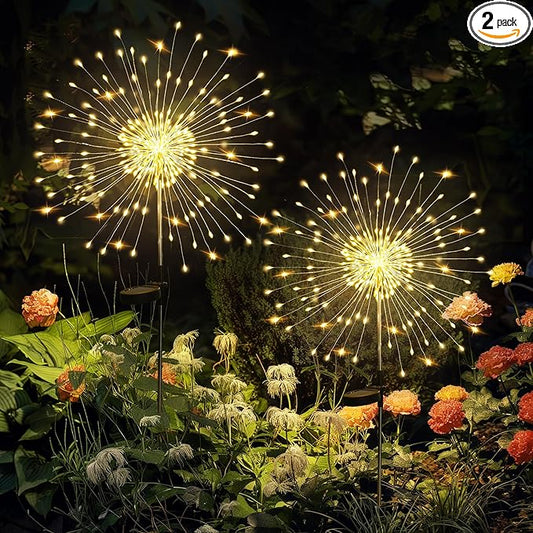 Garden Decor Outdoor Lights LED 2Pack, Solar Garden Lights Outside Fairy Firework Decorative,Solar Powered for Yard Pathway Flowerbed Planter Balcony Patio 4th of July Decor (Warm White