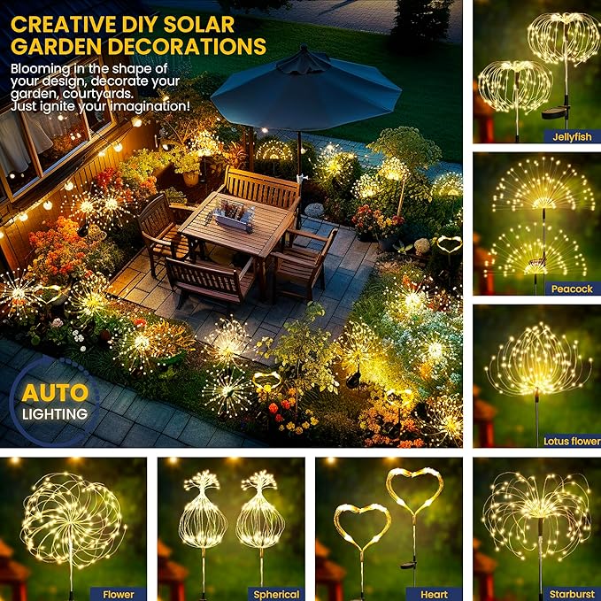 Garden Decor Outdoor Lights LED 2Pack, Solar Garden Lights Outside Fairy Firework Decorative,Solar Powered for Yard Pathway Flowerbed Planter Balcony Patio 4th of July Decor (Warm White