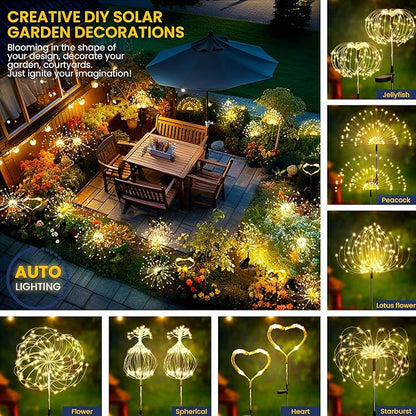 Garden Decor Outdoor Lights LED 2Pack, Solar Garden Lights Outside Fairy Firework Decorative,Solar Powered for Yard Pathway Flowerbed Planter Balcony Patio 4th of July Decor (Warm White