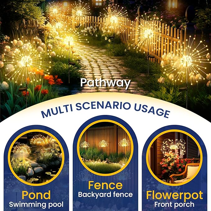 Garden Decor Outdoor Lights LED 2Pack, Solar Garden Lights Outside Fairy Firework Decorative,Solar Powered for Yard Pathway Flowerbed Planter Balcony Patio 4th of July Decor (Warm White