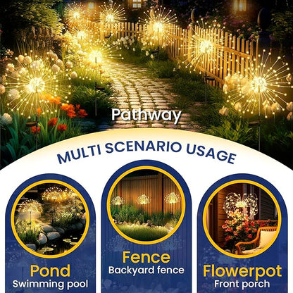 Garden Decor Outdoor Lights LED 2Pack, Solar Garden Lights Outside Fairy Firework Decorative,Solar Powered for Yard Pathway Flowerbed Planter Balcony Patio 4th of July Decor (Warm White