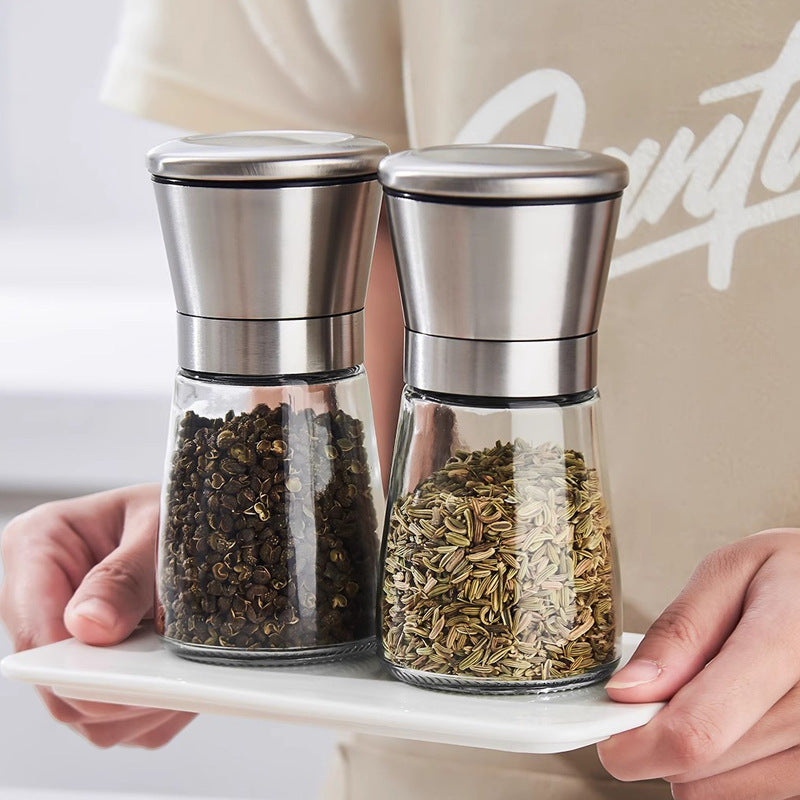 Manual grinder, kitchen stainless steel with ceramic core, black pepper, Sichuan pepper, sea salt, glass spice bottle, spice jar
