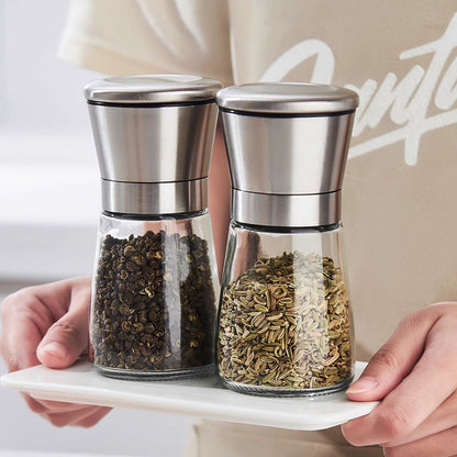 Manual grinder, kitchen stainless steel with ceramic core, black pepper, Sichuan pepper, sea salt, glass spice bottle, spice jar