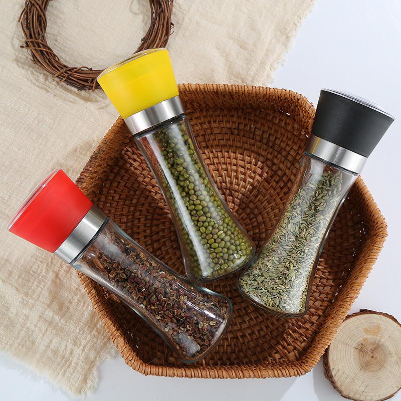 Manual grinder, kitchen stainless steel with ceramic core, black pepper, Sichuan pepper, sea salt, glass spice bottle, spice jar
