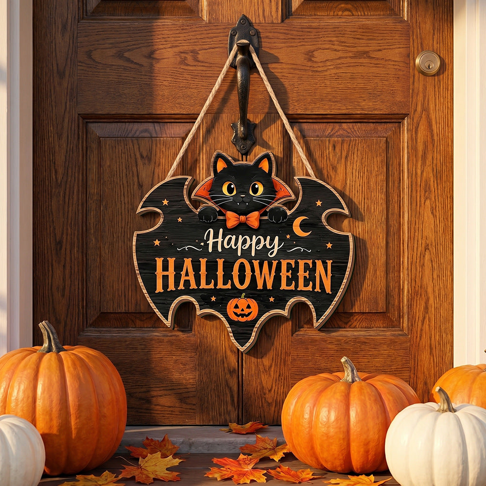 👻Halloween Black Cat Vampire Bat Wooden Sign🪵Spooky Witch Cat Sign, Halloween Front Door Decor, Gothic Wall Decor