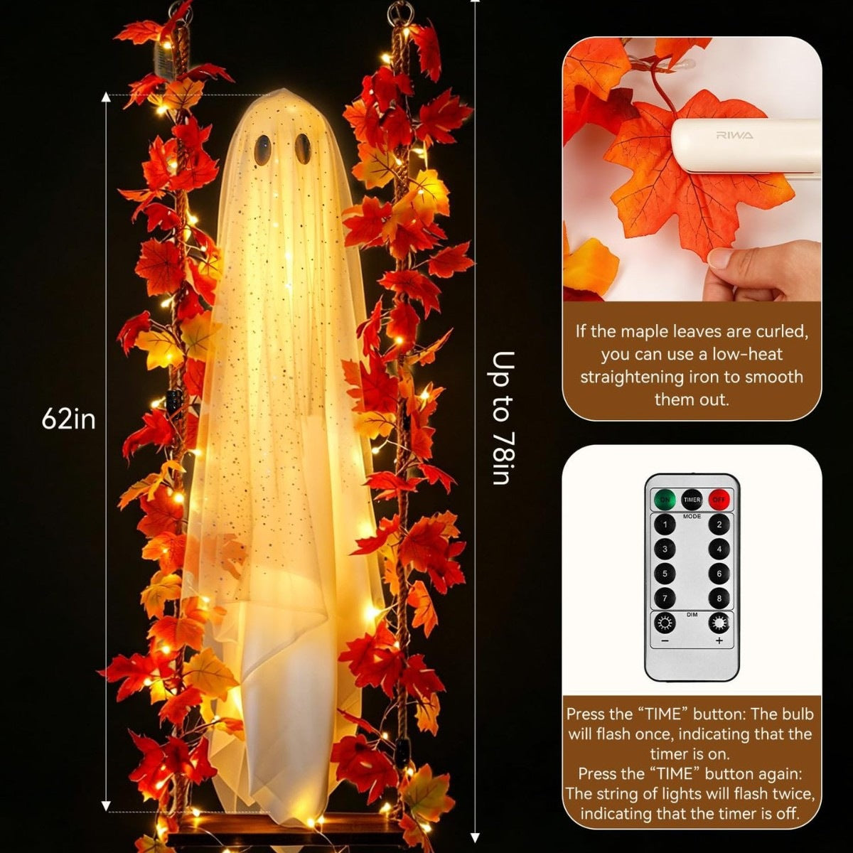 Halloween Indoor And Outdoor Large Hanging Maple-leaf Swing Ghost Decoration, Tree, Yard, Porch, Garden Holiday Decor