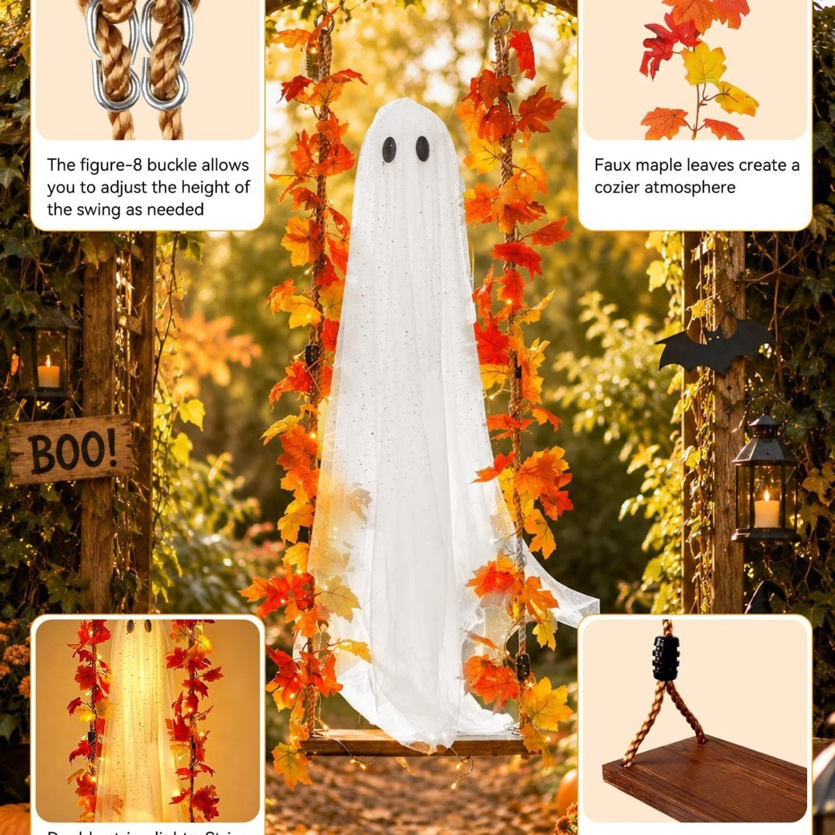 Halloween Indoor And Outdoor Large Hanging Maple-leaf Swing Ghost Decoration, Tree, Yard, Porch, Garden Holiday Decor