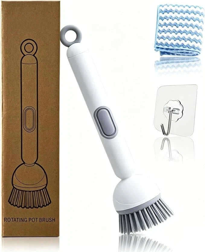 Rotating Dish Brush With Soap Dispenser, Non-Slip Long Handle