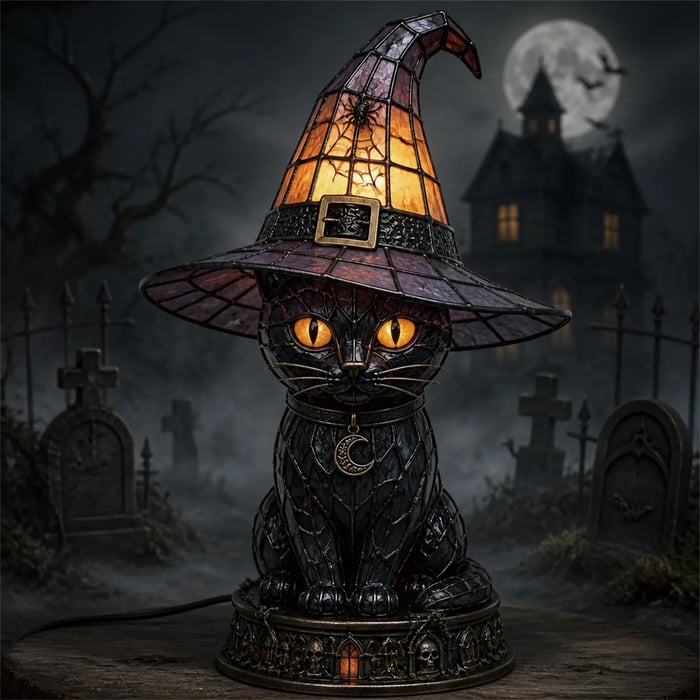 🔥Exclusive Limited Item 👍🔥49%OFF🐈 Gothic Stained Glass Witch Black Cat Table Lamp | Halloween Witch Hat Night Light Decor