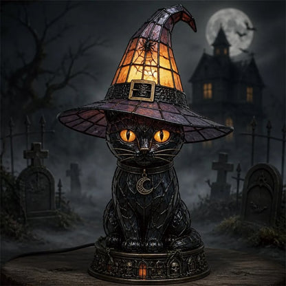 🔥Exclusive Limited Item 👍🔥49%OFF🐈 Gothic Stained Glass Witch Black Cat Table Lamp | Halloween Witch Hat Night Light Decor
