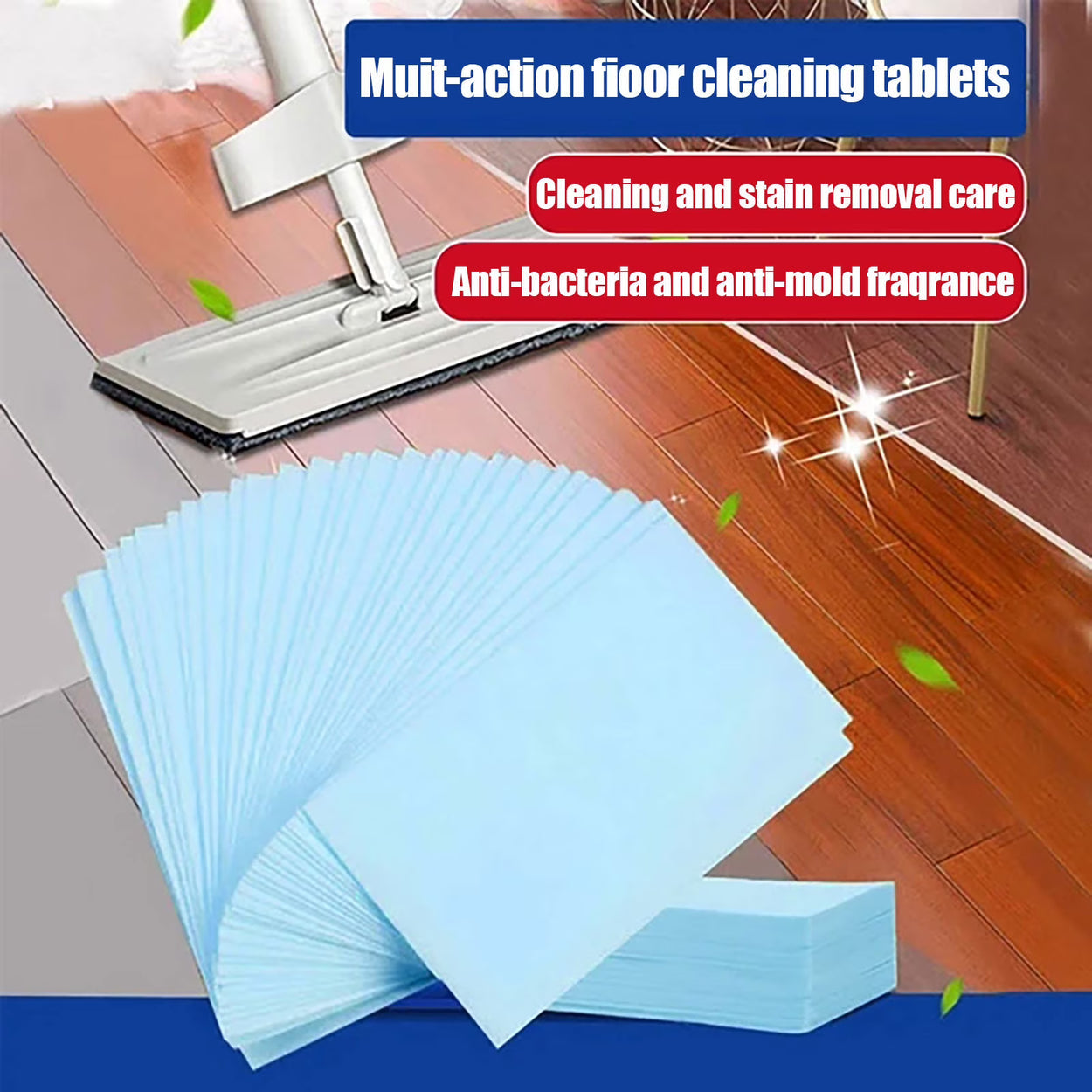 Floor cleaning sheets for floors and tiles, removes stains, brightens, and leaves a pleasant fragrance.