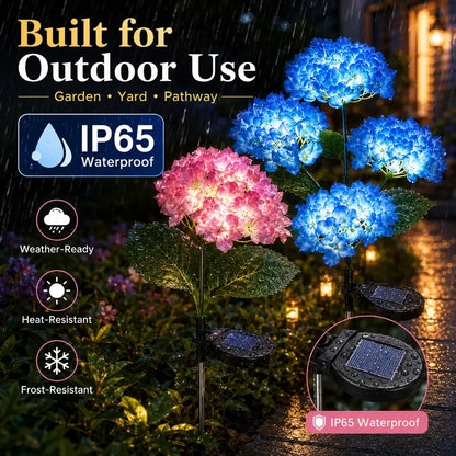 Solar Hydrangea Garden Lights Outdoor, 3-Bloom 18-LED IP65 Waterproof Flower Stake Light for Yard, Patio, Pathway & Lawn Decor, Mother's Day Gift, Outdoor Solar Light