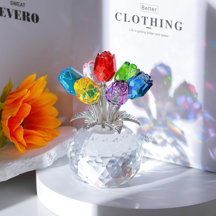 Crystal Colourful Rose Figurine with Vase