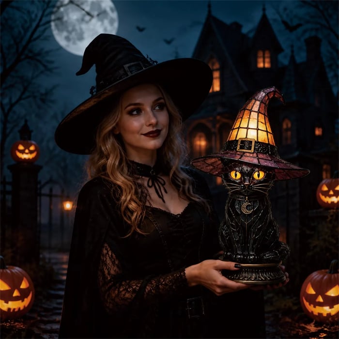 🔥Exclusive Limited Item 👍🔥49%OFF🐈 Gothic Stained Glass Witch Black Cat Table Lamp | Halloween Witch Hat Night Light Decor
