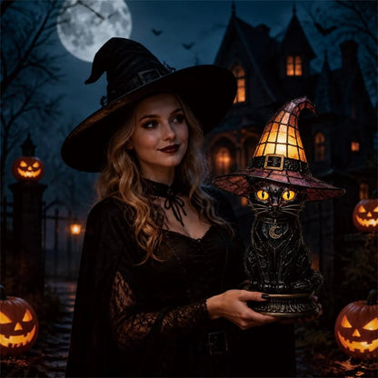 🔥Exclusive Limited Item 👍🔥49%OFF🐈 Gothic Stained Glass Witch Black Cat Table Lamp | Halloween Witch Hat Night Light Decor