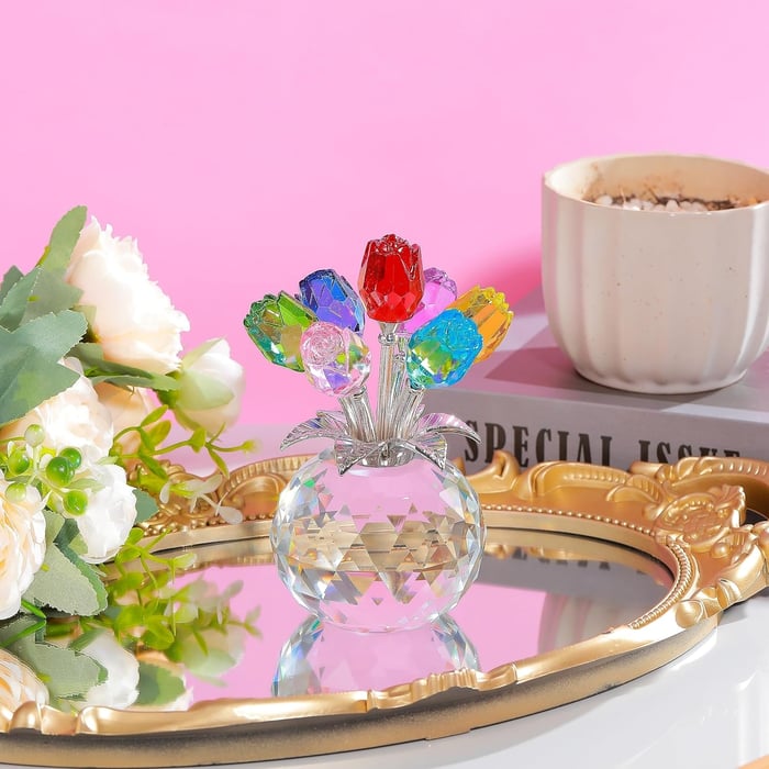 Crystal Colourful Rose Figurine with Vase