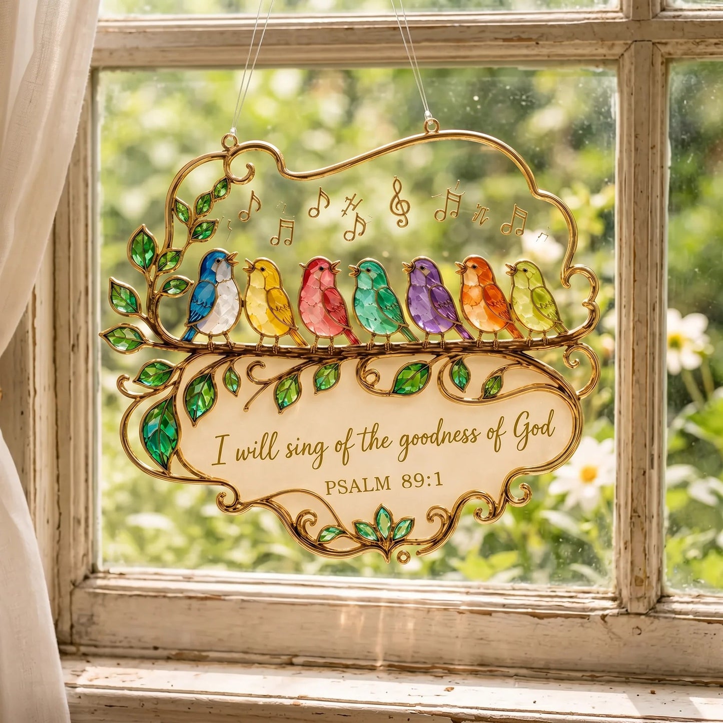 🐦🎶 Psalm 89:1 Songbird Window Suncatcher | Faith Decor with Colorful Birds & Scripture 🕊️✨