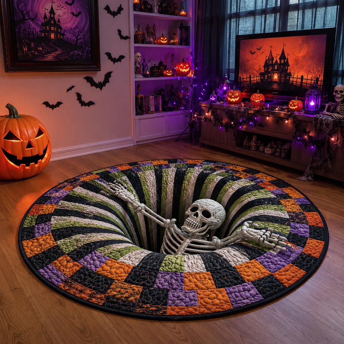 Halloween Skull-Themed Round Rug