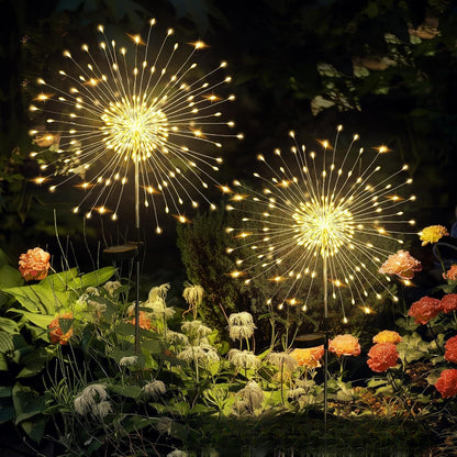 Garden Decor Outdoor Lights LED 2Pack, Solar Garden Lights Outside Fairy Firework Decorative,Solar Powered for Yard Pathway Flowerbed Planter Balcony Patio 4th of July Decor (Warm White