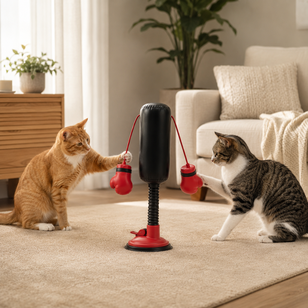 This cat boxing ring with spring mechanism is a multi-functional cat toy for entertaining cats and providing amusement.