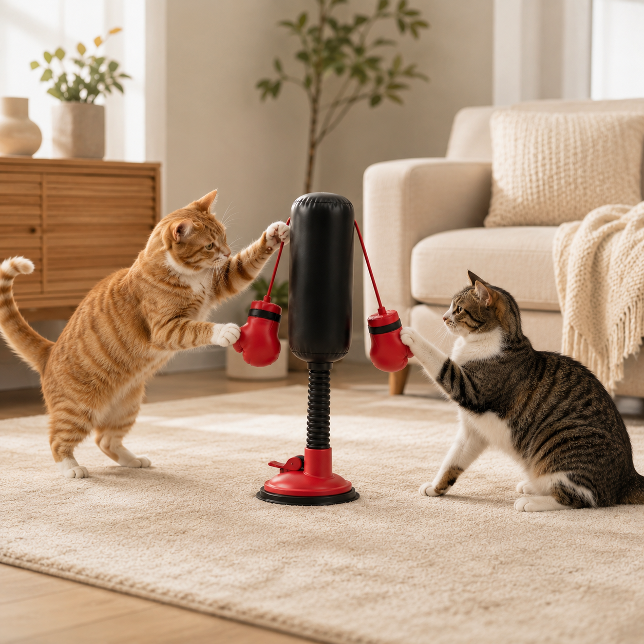 This cat boxing ring with spring mechanism is a multi-functional cat toy for entertaining cats and providing amusement.