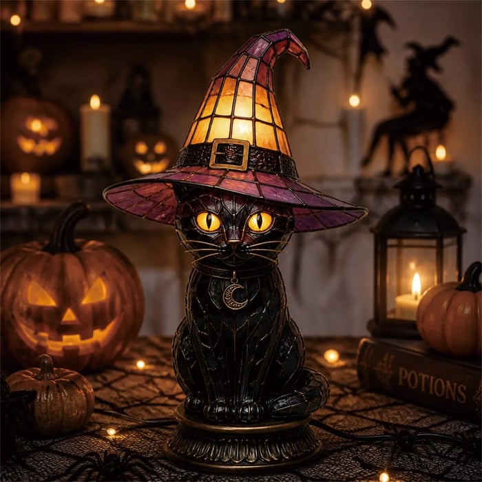 🔥Exclusive Limited Item 👍🔥49%OFF🐈 Gothic Stained Glass Witch Black Cat Table Lamp | Halloween Witch Hat Night Light Decor