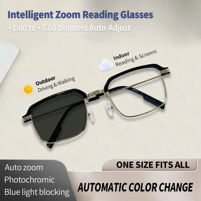 Stylish photochromic prescription glasses for men and women, anti-blue light, anti-fatigue, and sophisticated women's reading glasses.