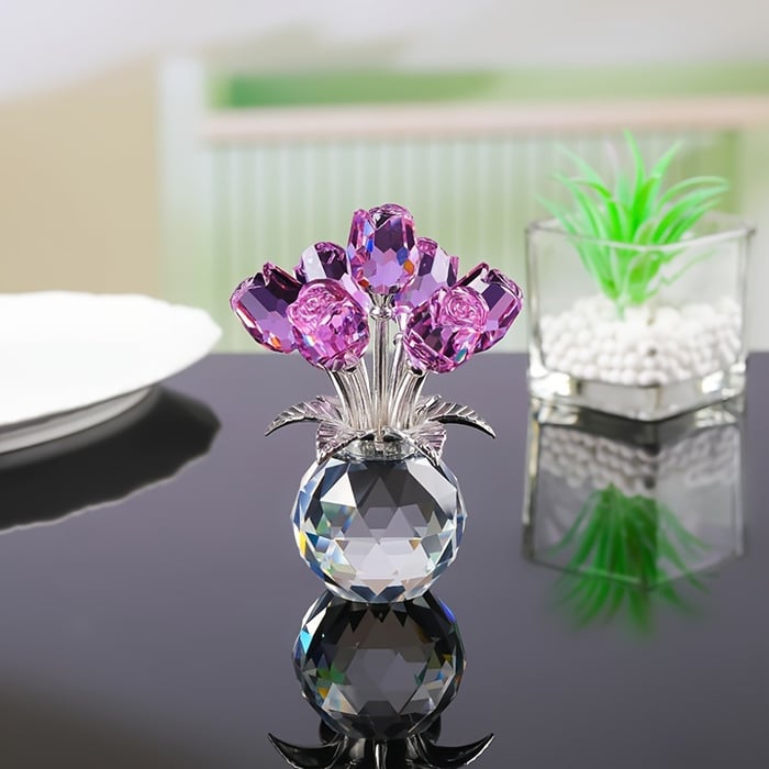 Crystal Colourful Rose Figurine with Vase