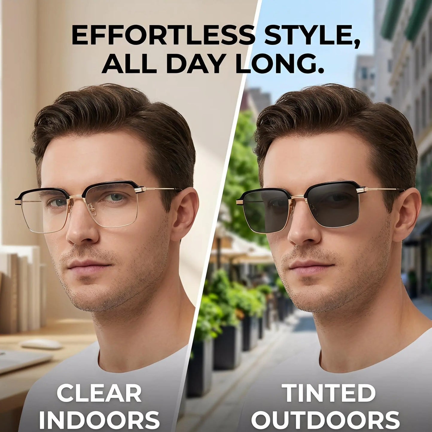 Stylish photochromic prescription glasses for men and women, anti-blue light, anti-fatigue, and sophisticated women's reading glasses.