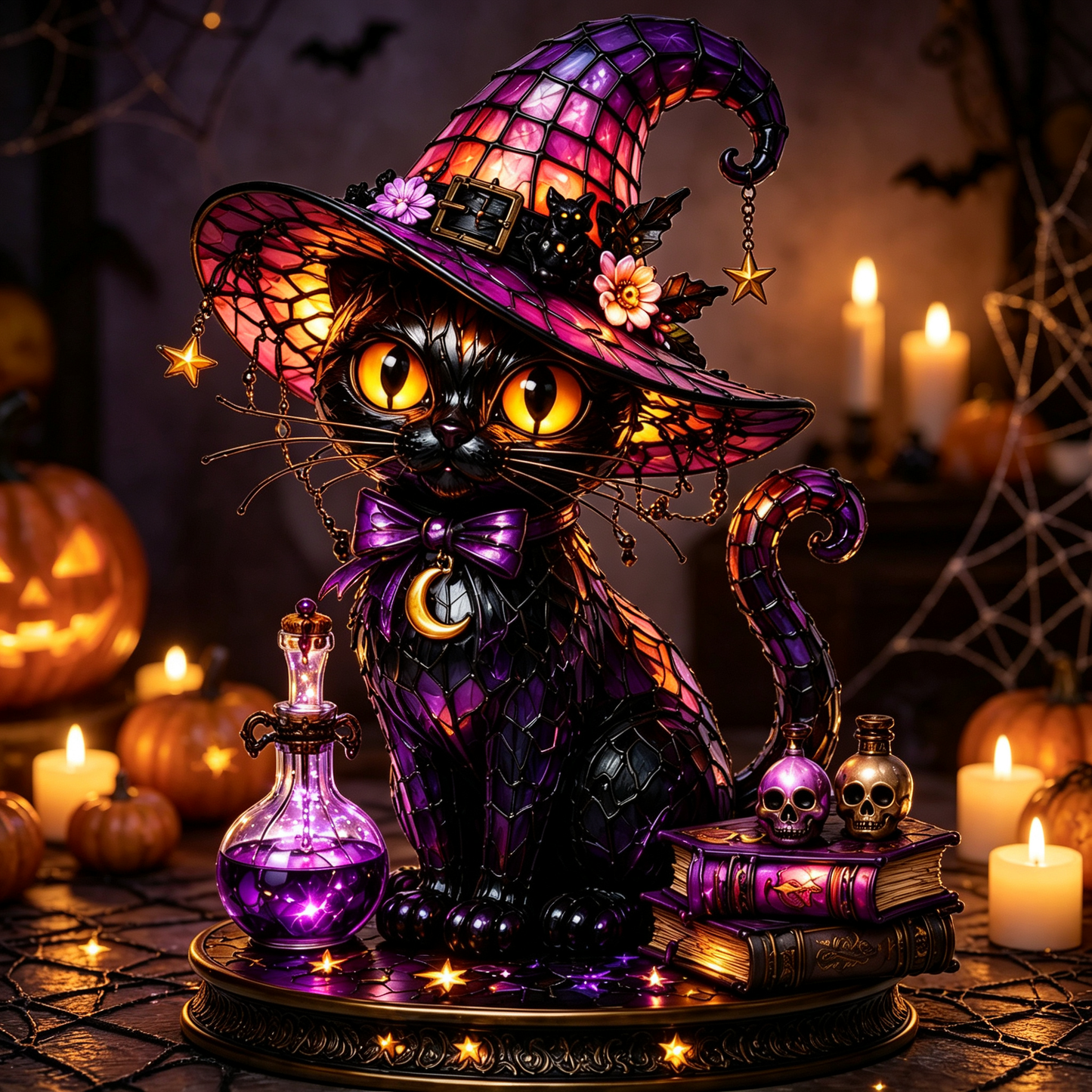 🔥Exclusive Limited Item 👍🔥49%OFF🐈 Gothic Stained Glass Witch Black Cat Table Lamp | Halloween Witch Hat Night Light Decor