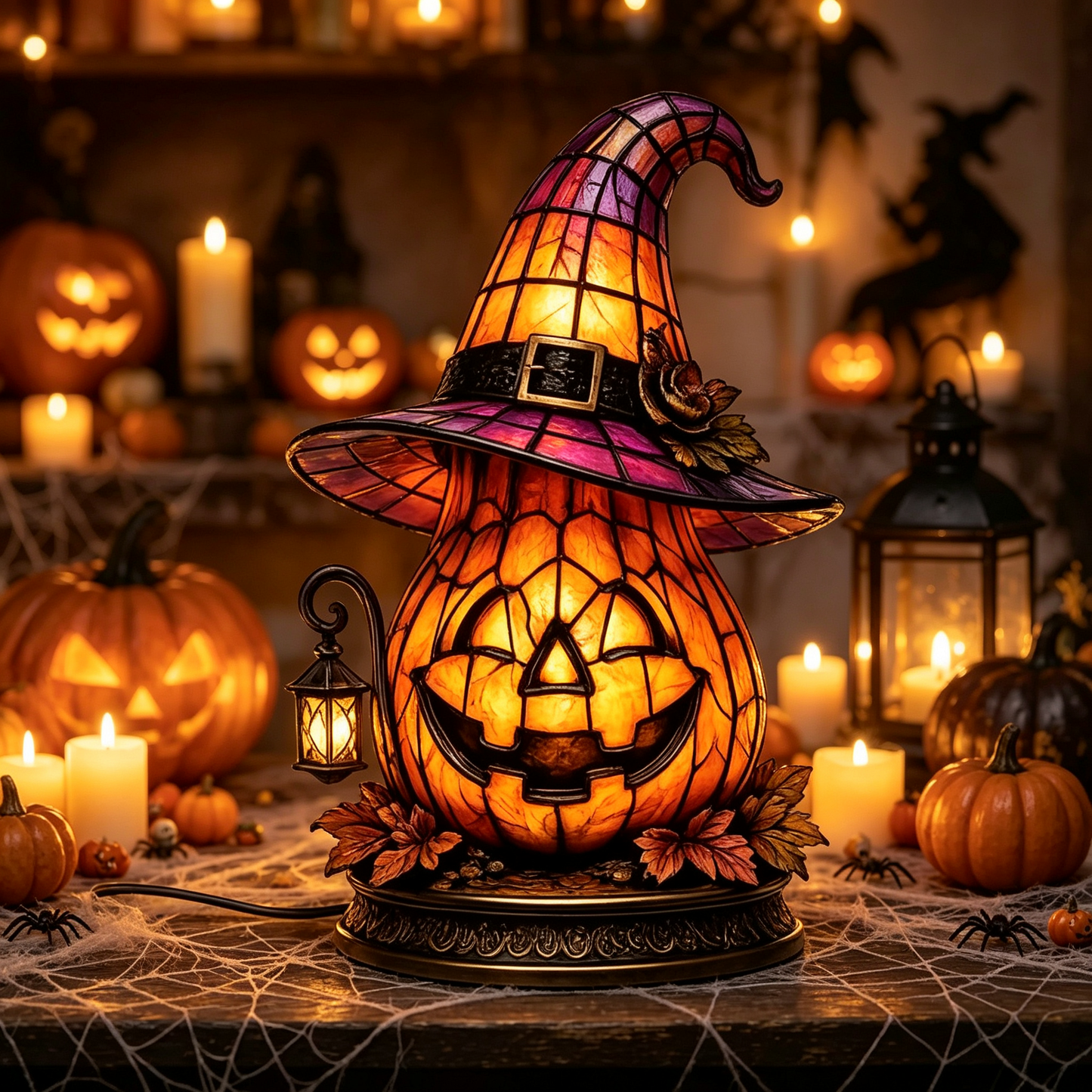 🔥Exclusive Limited Item 👍🔥49%OFF🐈 Gothic Stained Glass Witch Black Cat Table Lamp | Halloween Witch Hat Night Light Decor