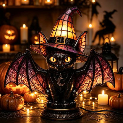 🔥Exclusive Limited Item 👍🔥49%OFF🐈 Gothic Stained Glass Witch Black Cat Table Lamp | Halloween Witch Hat Night Light Decor