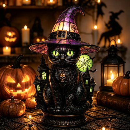 🔥Exclusive Limited Item 👍🔥49%OFF🐈 Gothic Stained Glass Witch Black Cat Table Lamp | Halloween Witch Hat Night Light Decor