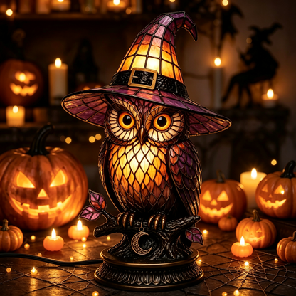 🔥Exclusive Limited Item 👍🔥49%OFF🐈 Gothic Stained Glass Witch Black Cat Table Lamp | Halloween Witch Hat Night Light Decor