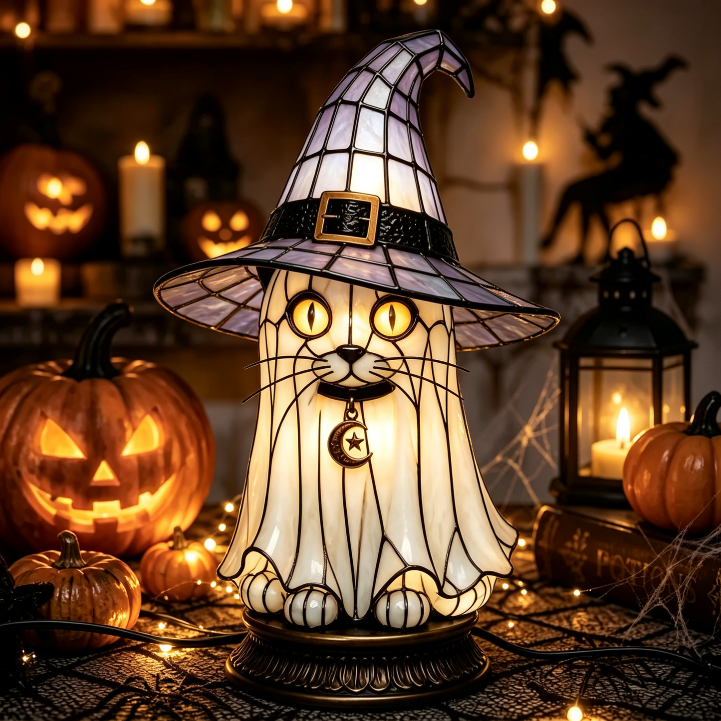 🔥Exclusive Limited Item 👍🔥49%OFF🐈 Gothic Stained Glass Witch Black Cat Table Lamp | Halloween Witch Hat Night Light Decor