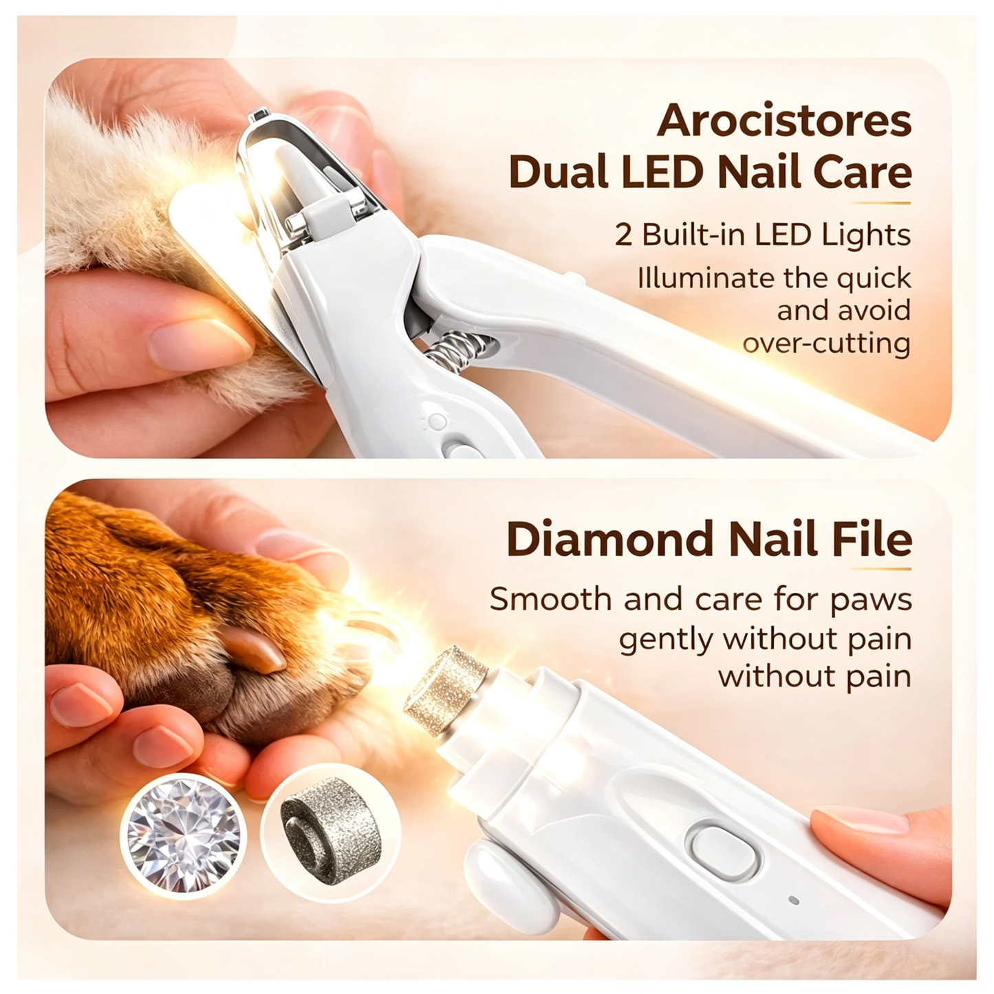 The 2-in-1 design prevents injury to your pet when trimming nails.