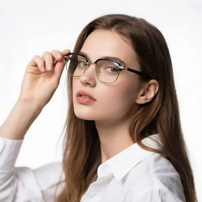 Stylish photochromic prescription glasses for men and women, anti-blue light, anti-fatigue, and sophisticated women's reading glasses.