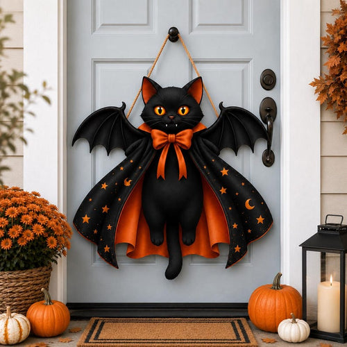 👻Halloween Black Cat Vampire Bat Wooden Sign🪵Spooky Witch Cat Sign, Halloween Front Door Decor, Gothic Wall Decor