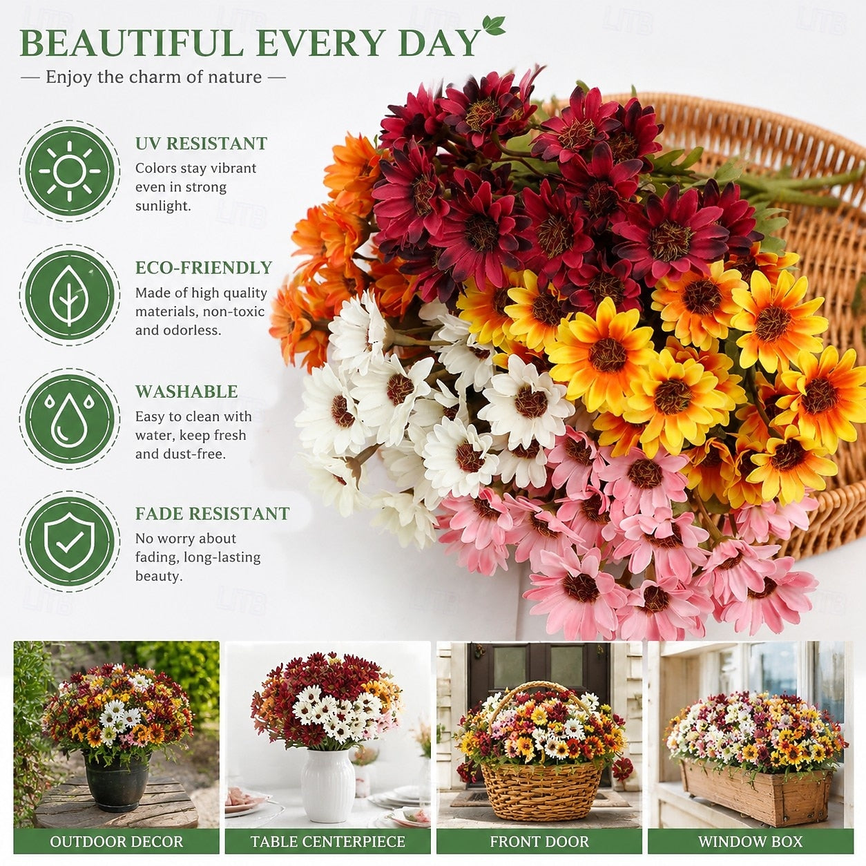 Artificial Outdoor Sunset Mums Flowers - UV resistant, Waterproof, Windproof